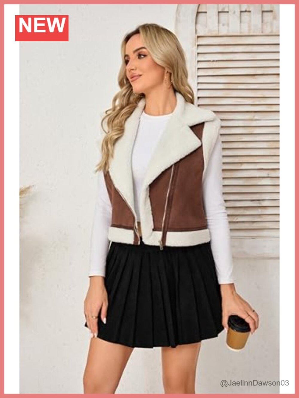 Womens Faux Suede Sherpa Vest Moto Zip-Up Sleeveless Coat - Picture 2 of 4